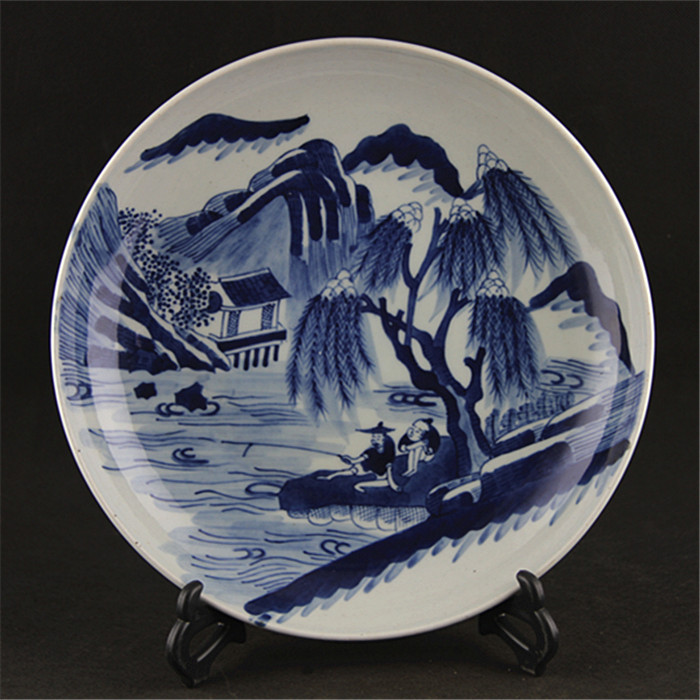 Qing Dynasty Blue and White Landscape Porcelain Plate Antique Antique Jingdezhen Antique Porcelain Ornaments All Hand-painted