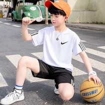 Boys summer clothing suit thin medium and large childrens clothing quick-drying ice silk sports basketball clothing boys loose training clothing