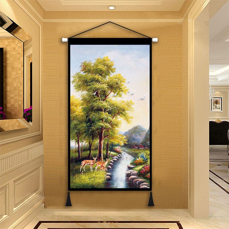 New Chinese style Elk fortune tree cloth hanging painting Entrance hanging cloth Running water fortune mural Living room decoration thickened cloth painting