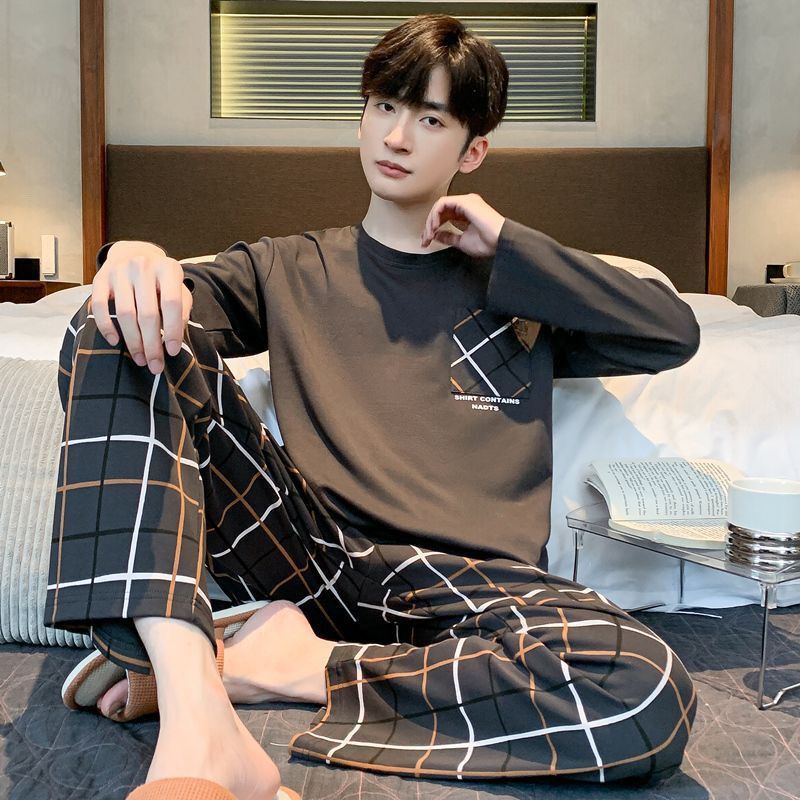 High-End Men's Pajamas for Spring and Autumn, Pure Cotton Long-Sleeved, Casual Loose-Fitting Outerwear, Full Cotton Plus-Size Loungewear Set