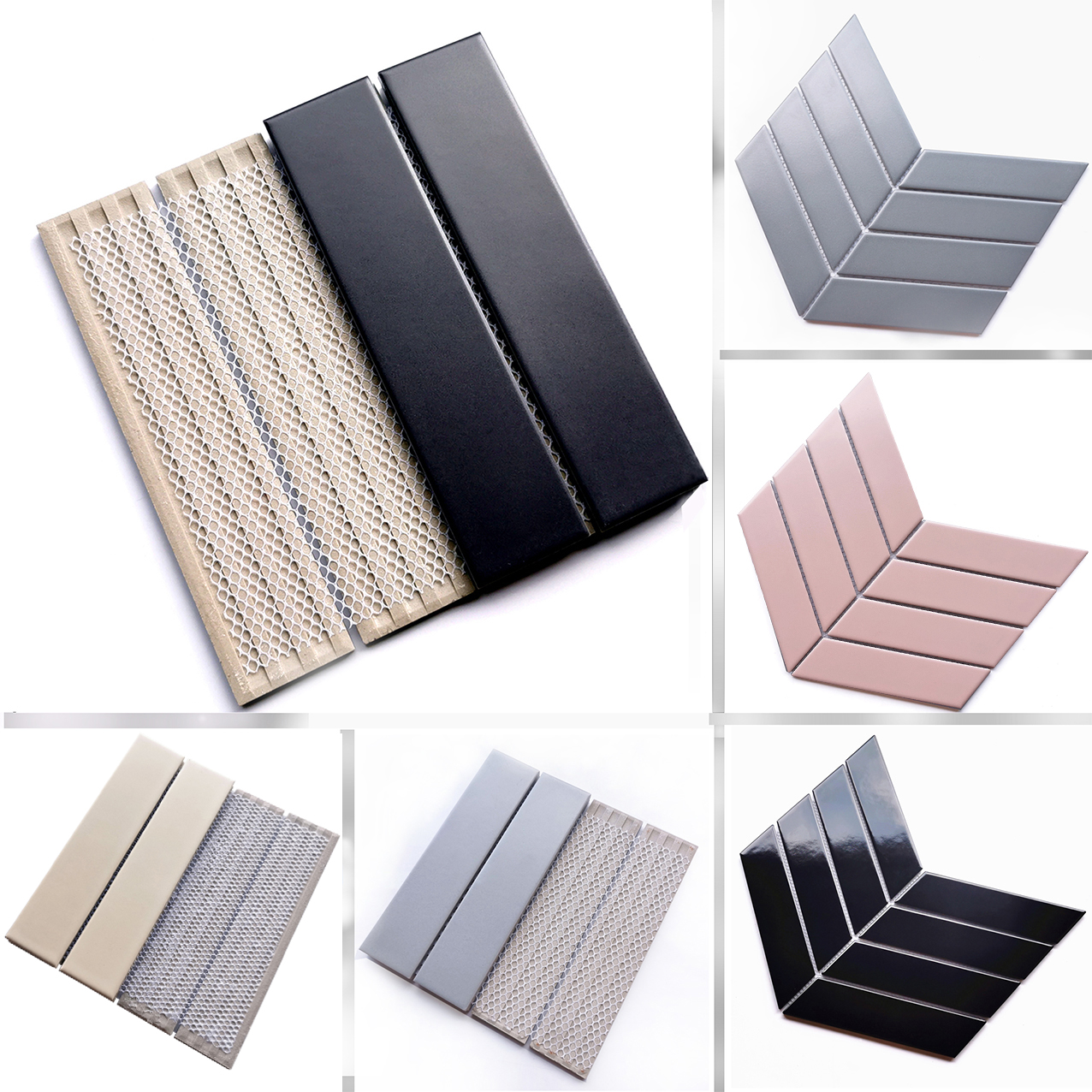 All-ceramic fishbone small tile long rectangular ceramic mosaic black and white gray pink balcony wall tile aircraft brick