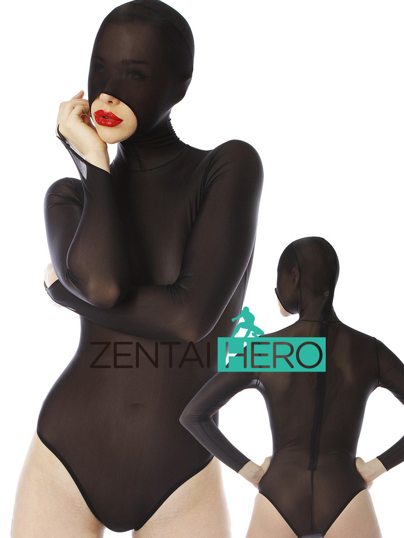 Black translucent Leica elastic semi-wrapped zentai tight fitting silk sliding through close-fitting undercoat opening-Taobao