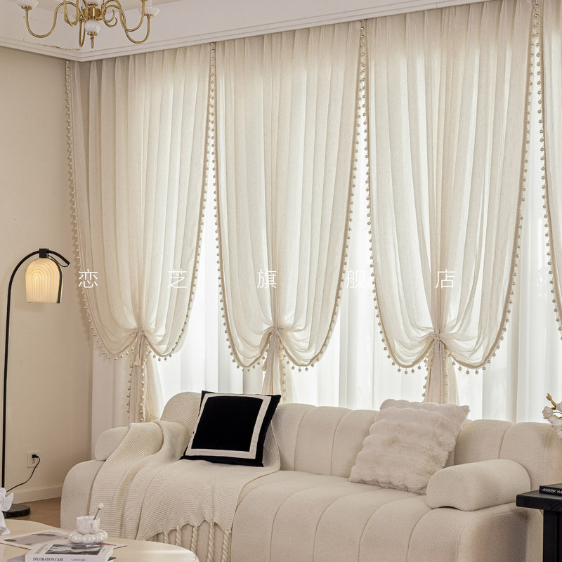Cream Double-Layer Integrated Linen Balcony Sheer Curtain, French Vintage Style Ambiance Sheer Curtain, Ultra-High Living Room Window Sheer