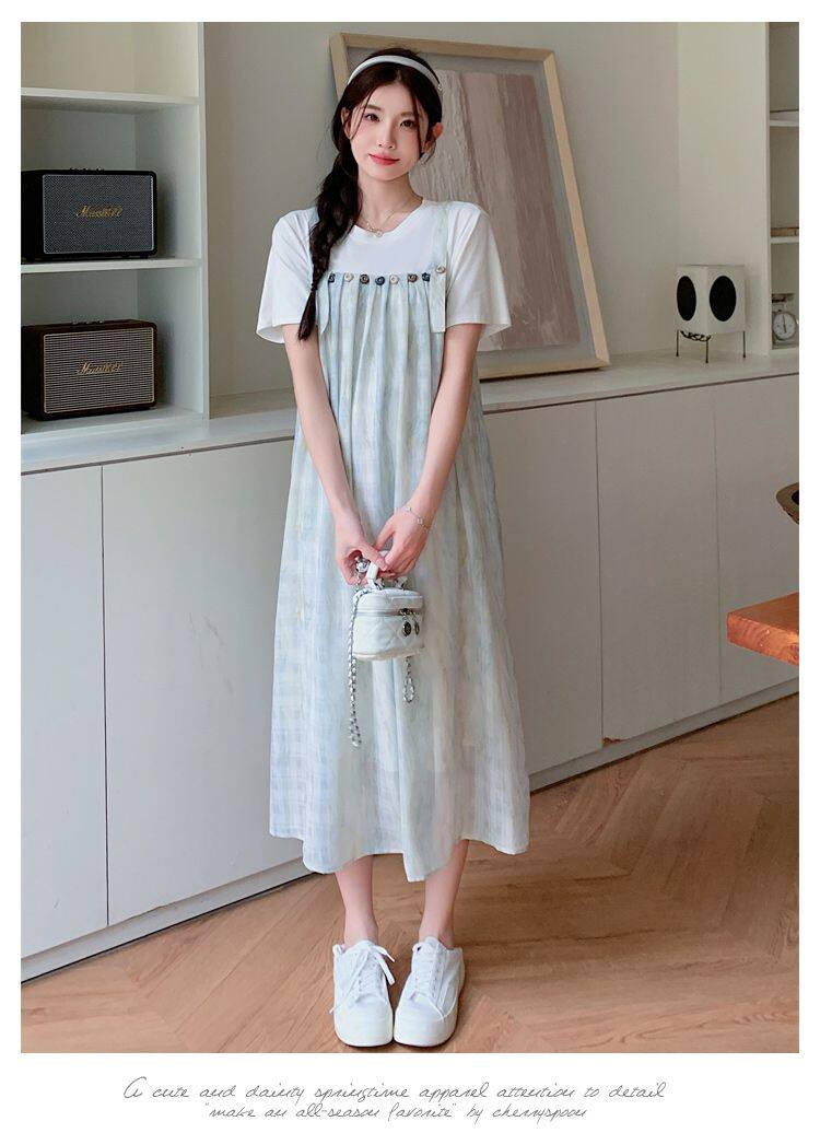 孕妇连衣裙2026新款夏季韩版时尚减龄假两件拼接吊带裙宽松孕妇装 — 12