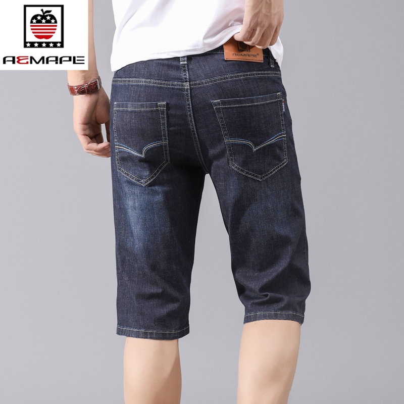 American Apple Genuine Denim Mid-Pants Men's Summer Tencel Thin Straight Loose Elastic Large Size Shorts for Young and Middle-Aged People