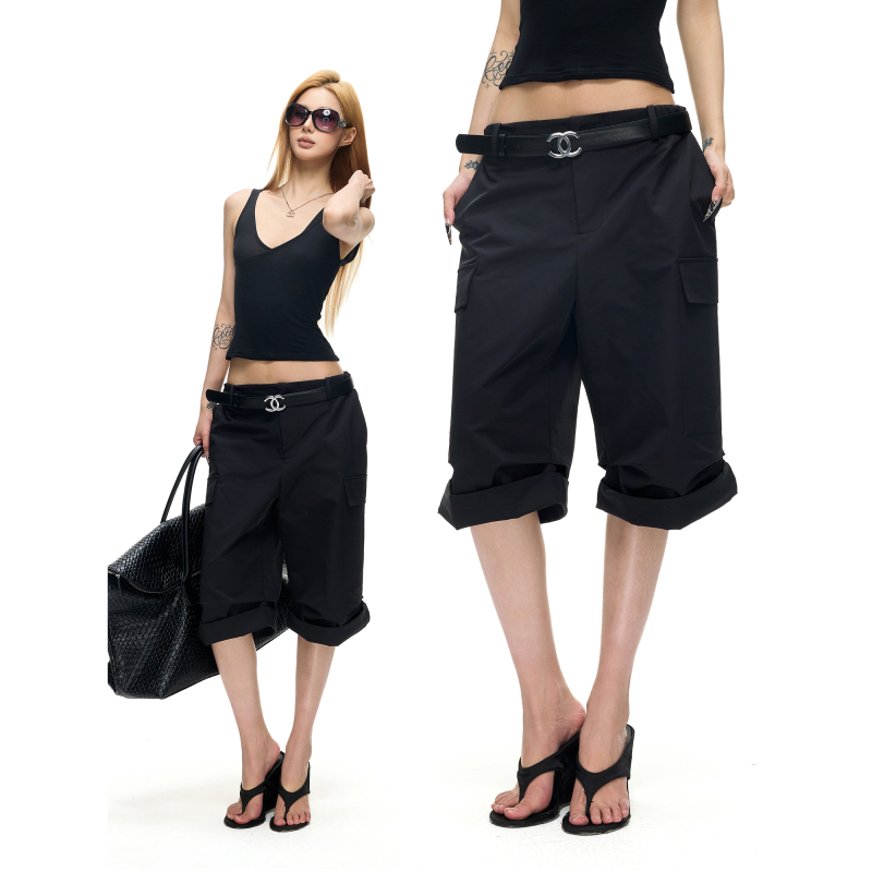Fanptntox American Retro Multi-Pocket Cargo Straight-Leg Pants for Women, Pleated Five-Point Pants, Loose Short Casual Pants Fanptntox American Retro Multi-Pocket Cargo Straight-Leg Pants for Women, Pleated Five-Point Pants, Loose Short Casual Pants