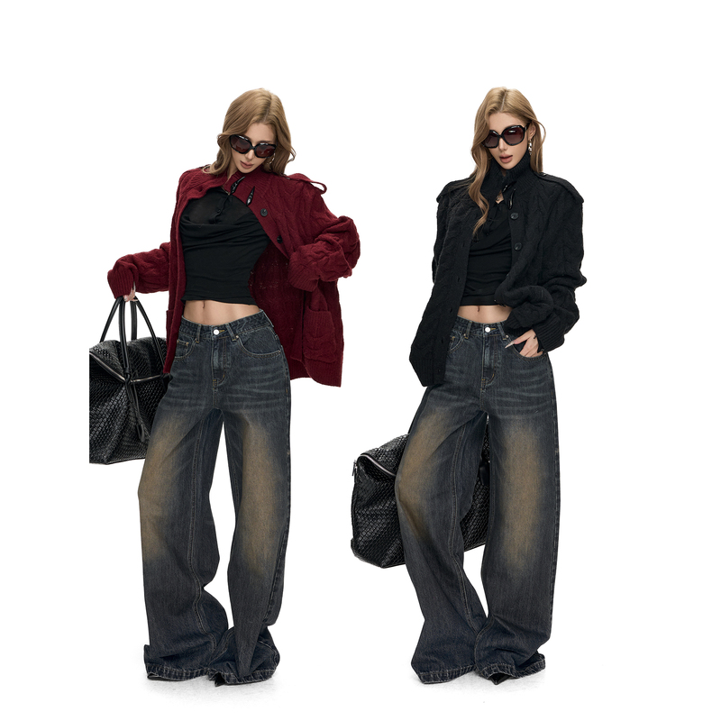 Fanptntox·Low-Waisted Wide-Leg Floor-Length Pants, Retro Washed Loose Jeans