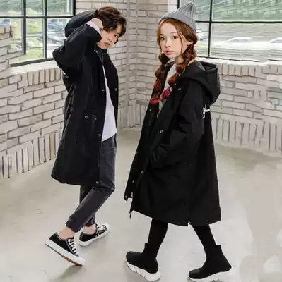 Children's padded jacket Winter parent-child jacket medium and long version of warm and thick hooded quilted jacket Korean version of the middle and large children's foreign school cotton clothes