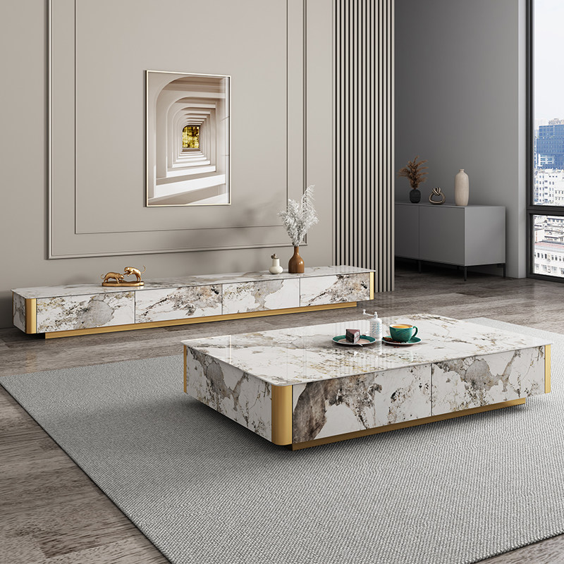 Italian bright rock board TV cabinet coffee table combination light luxury simple small apartment solid wood floor living room storage floor cabinet