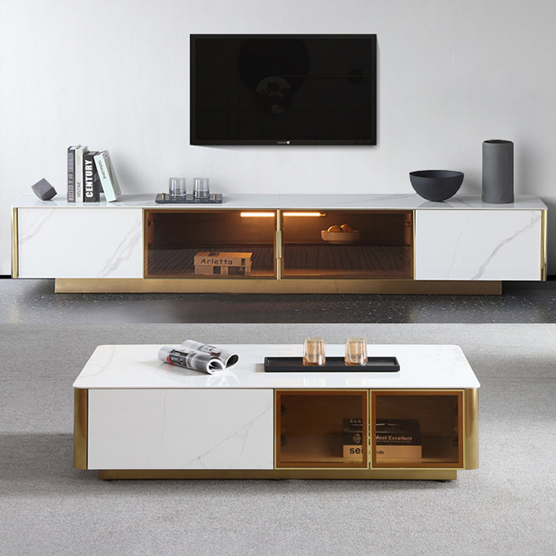 Italian light luxury bright slate TV cabinet coffee table combination Nordic living room glass door storage TV cabinet floor cabinet