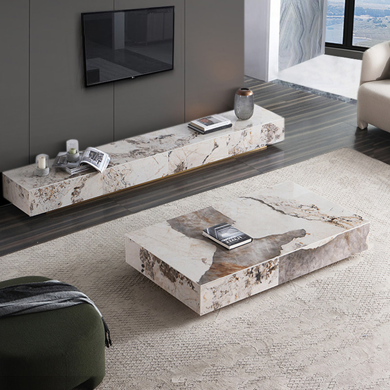 Italian style light extravagant Pandora rock plate TV cabinet tea table combination small family living room marble minimalist solid wood ground cabinet