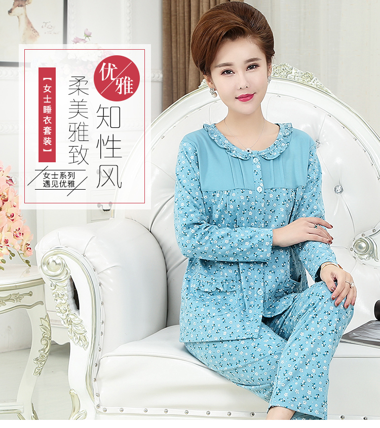 Mùa xuân và mùa thu mùa hè trung niên ông già đồ ngủ nữ cotton dài tay mẹ mô hình mother-in-law cotton trung niên người già dịch vụ nhà