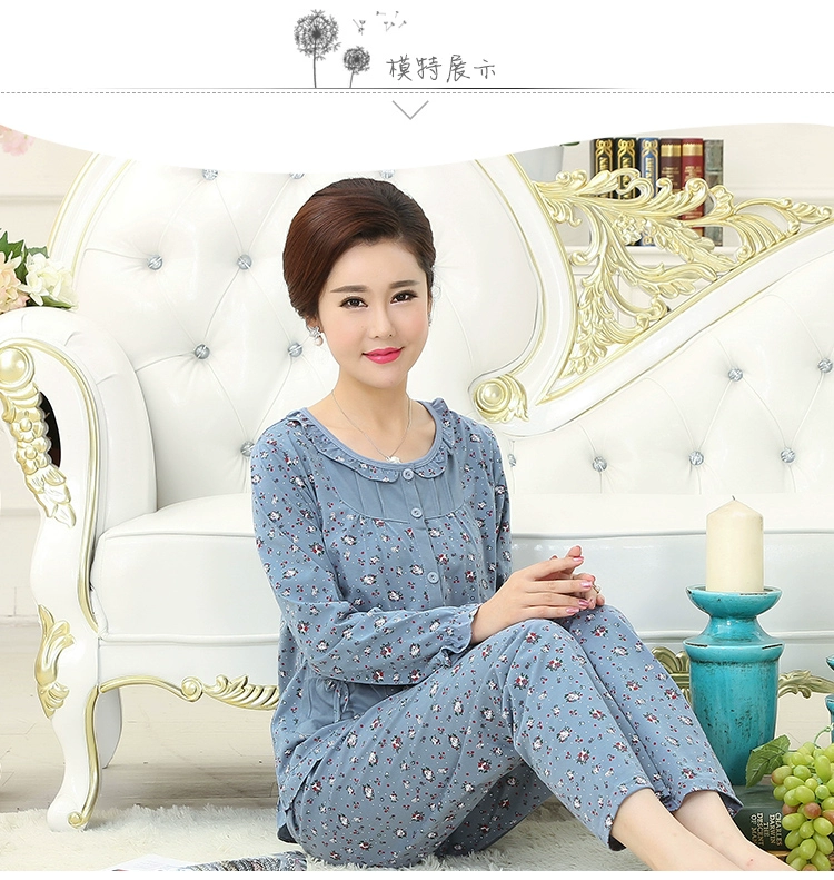 Mùa xuân và mùa thu mùa hè trung niên ông già đồ ngủ nữ cotton dài tay mẹ mô hình mother-in-law cotton trung niên người già dịch vụ nhà pijama đôi