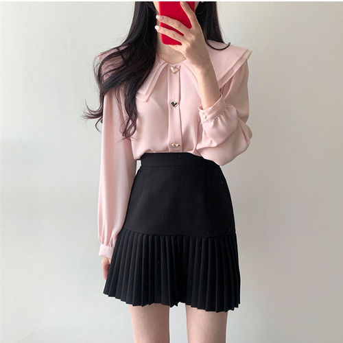 Solid color versatile button embellishment shirt + high waist pleated skirt suit detachable