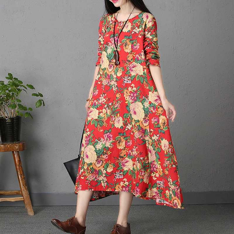 Mùa xuân và mùa hè mới của phụ nữ gió quốc gia khóa retro in kích thước lớn váy dài bằng vải cotton và váy ngắn tay