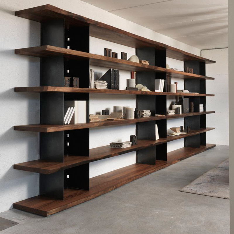 Nordic wrought iron solid wood wall-to-wall bookshelf floor-to-ceiling office shelf living room industrial study shelf display