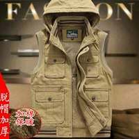 Mùa thu và mùa đông nam vest giản dị cotton cộng với nhung cotton vest đa túi ngoài trời chụp ảnh áo len trùm đầu áo khoác blazer nam hàn quốc