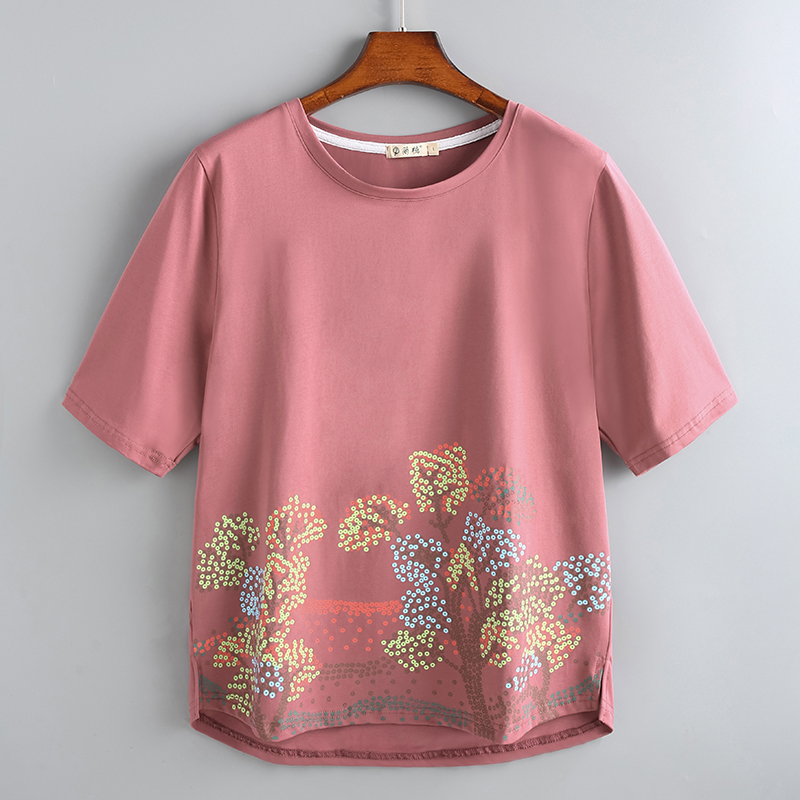 Middle-aged mother summer cotton loose short-sleeved T-shirt foreign style small shirt 50-year-old middle-aged and elderly women's top grandma