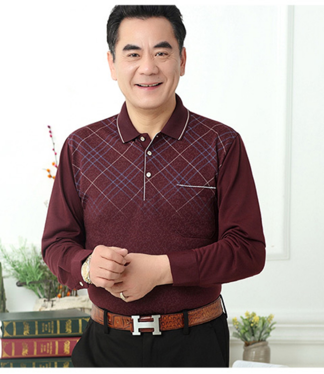 Mùa xuân và mùa thu cha mặc áo thun nam dài tay trung niên cotton áo trung niên ve áo mùa xuân mỏng phần đáy quần áo nam áo phông dài