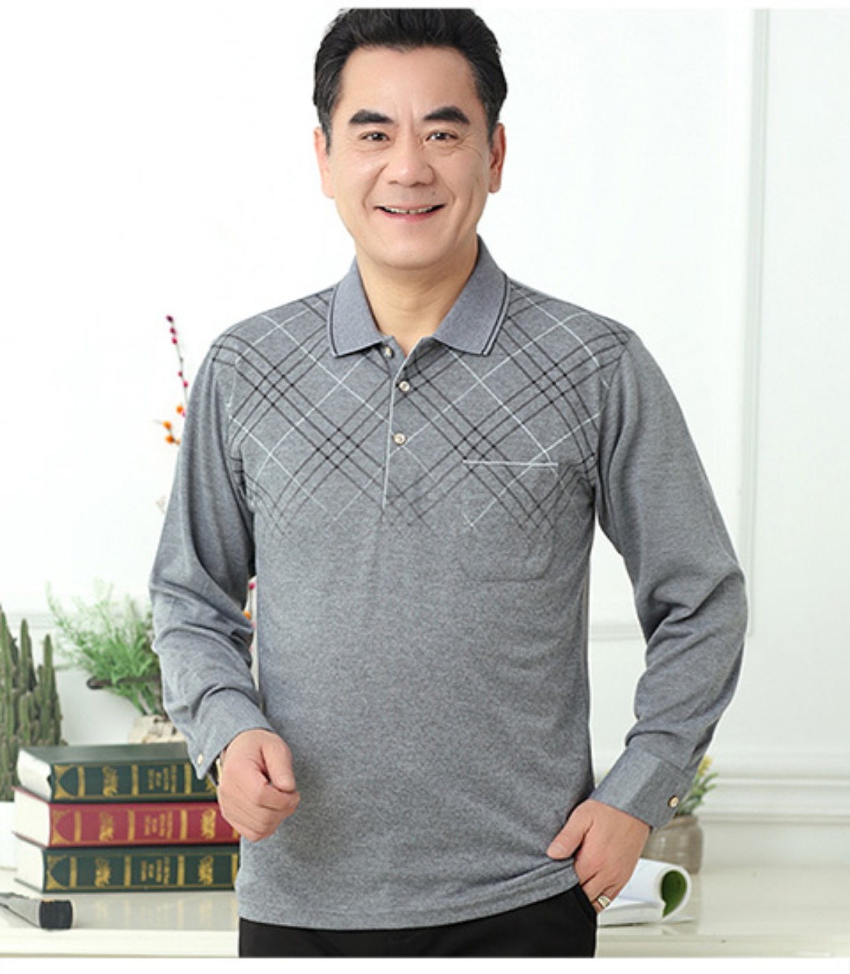 Mùa xuân và mùa thu cha mặc áo thun nam dài tay trung niên cotton áo trung niên ve áo mùa xuân mỏng phần đáy quần áo nam áo phông dài