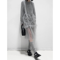 Knitted Sweater 2024 Early Autumn New Design Sensation Small Crowdleaf Side Mesh Yarn Splicing Grey Tandem Skirt Woman