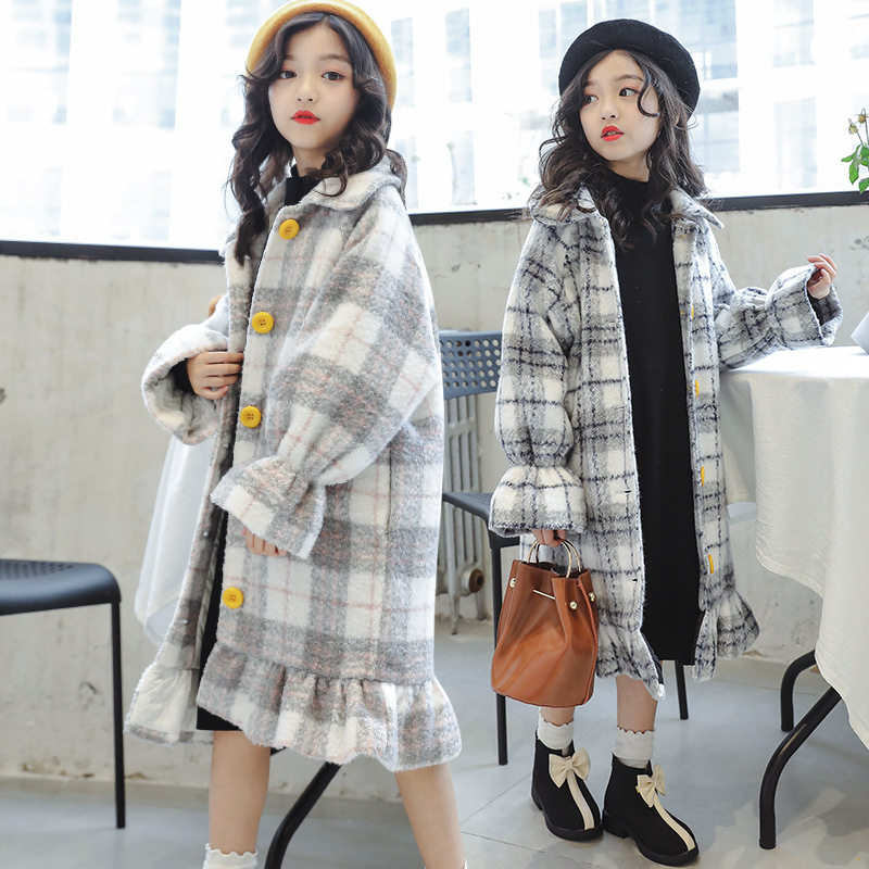 Children's clothing girls woolen coat thick cotton autumn and winter clothing middle school children Foreign School long version plaid woolen coat