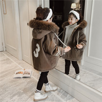 Girl plus velvet thickened foreign style long coat 2019 new Korean version of childrens middle-aged child fur collar coat childrens clothing