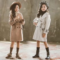 Mother and daughter parent-child girl woolen coat coat winter Korean version of childrens long suit collar stripe thickened childrens clothing
