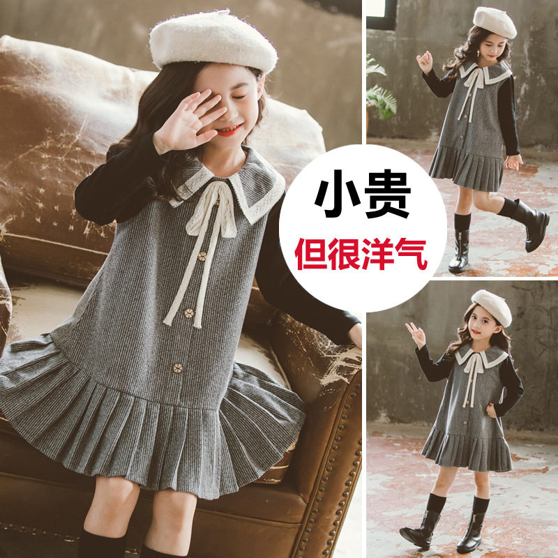 Children's clothing Girls' woolen clothing spring autumn 2022 new college wind lace collar splicing plexu skirt tide fashion