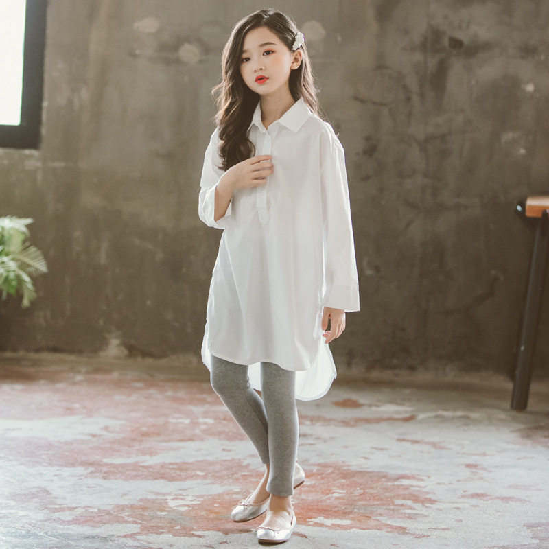 Korean version of the girl's shirt spring and autumn models loose casual lapel long sleeve children's shirt Medium long version white shirt skirt