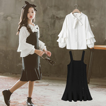 Girls shirt strap skirt set Autumn 2019 new girls Korean children lotus leaf sleeve dress two-piece set
