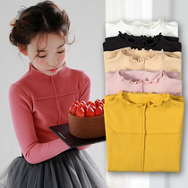 Girls plus velvet base shirt plus velvet warm autumn and winter new solid color cotton T-shirt half high collar medium and large childrens clothing