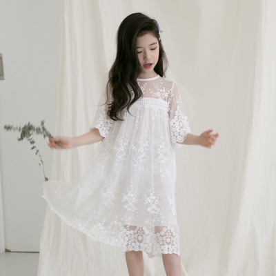 Mùa xuân 2019 Summer ăn mặc công chúa Hàn Quốc dài tay áo ren dress In A dài tay trắng dài váy trẻ em cho Big Child.