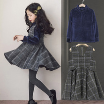 Girl set plus velvet base shirt plaid dress 2020 autumn and winter tweed medium child Korean long sleeve two-piece set
