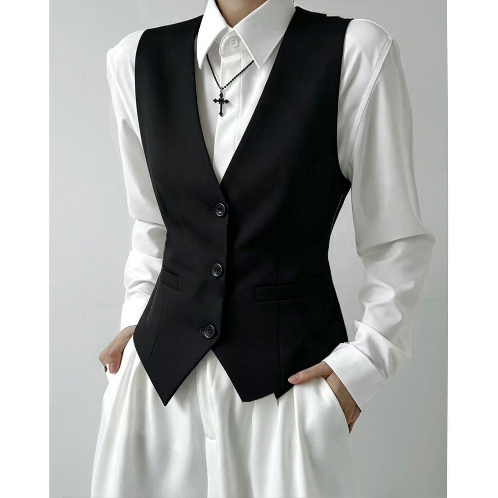 Black unisex slim-fit suit vest, cosplay bartender's work clothes, youthful style.
