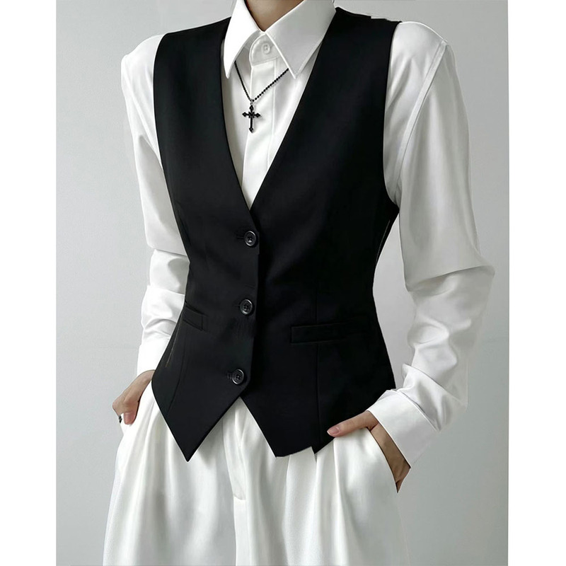 Black Vest Unisex Style High-End Slim-Fit Waist-Cinching Suit Vest Cos Bartender Work Uniform Youth Style