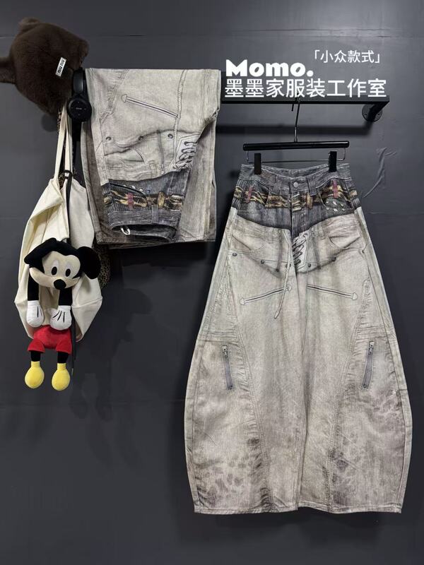 2026 New Style Post-Apocalyptic Double-Waist Belt Printed Street Loose Wide-Leg Scimitar Jeans for Women