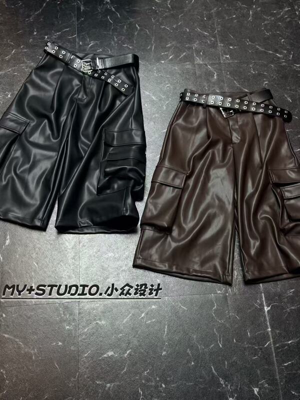 2026 New Fashion Niche Loose Slimming Versatile Large Pocket Cargo Capri Pants Wide-Leg Leather Pants for Women
