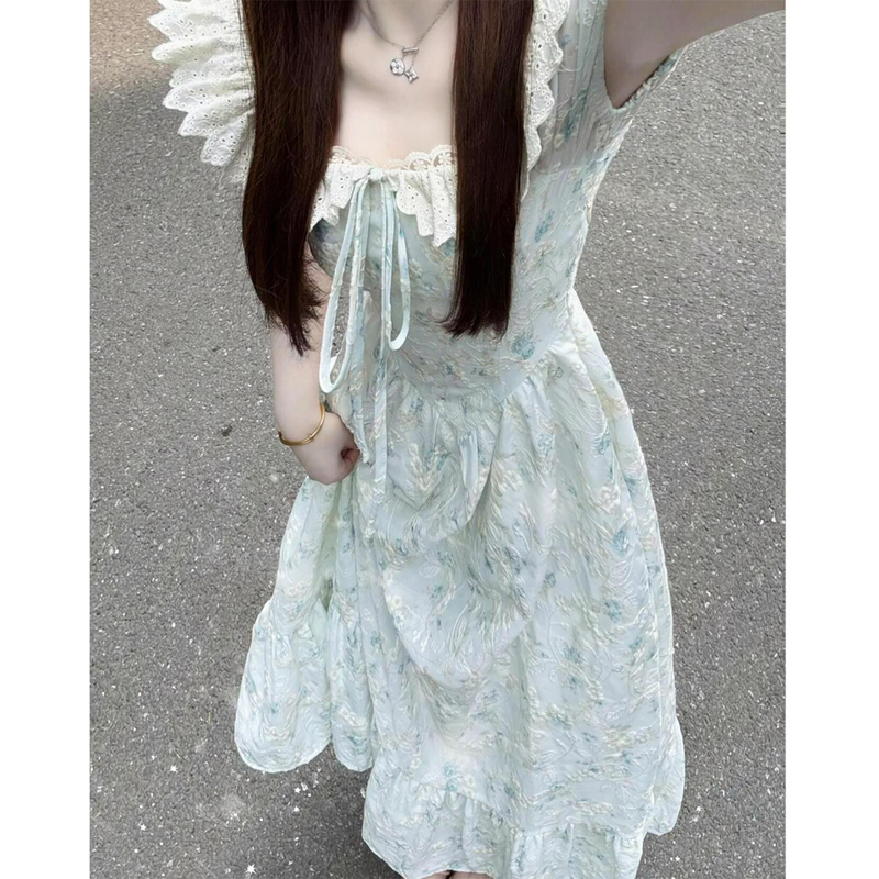 Yingzhi Huailing Floral Dress for Women, Summer Gentle and Sweet Puff Sleeves, Lace Waist Design, Princess Long Dress