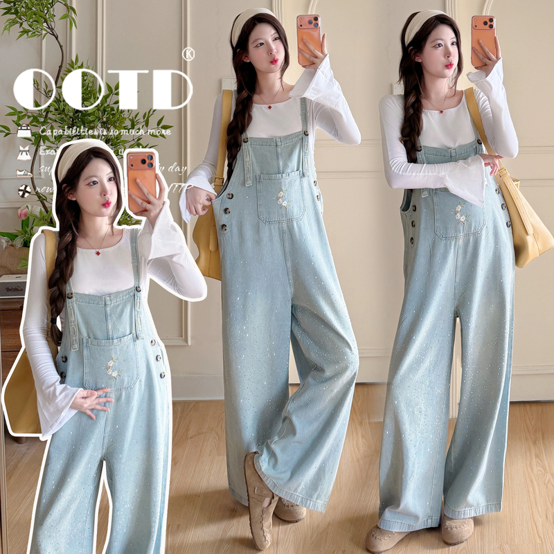Pregnant Women's Internet Celebrity Style Hot-Selling Rhinestone Denim Overalls with White Flared Sleeve Top and Straight Wide-Leg Pants Set for Spring and Summer