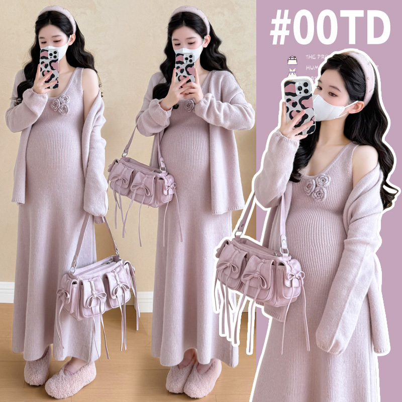 Maternity Taro Purple Floral V-Neck Knitted Vest Dress Women's Autumn and Winter Fashionable Sweater Cardigan Two-Piece Set