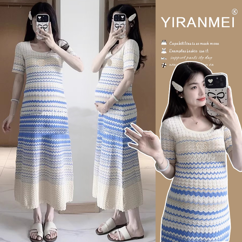 Pregnant Women's Cut Out Wave Pattern Camellia Ice Silk Knitted Dress Women's Summer Waist Slimming Mid-Length Hip-Covering Long Skirt