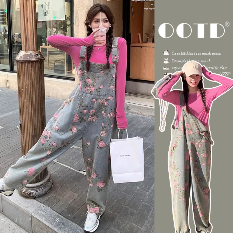 Maternity Sweet and Stylish Printed Overalls for Women, Spring and Summer, Petite Size, Age-Reducing, Straight Wide-Leg Jumpsuit Two-Piece Set