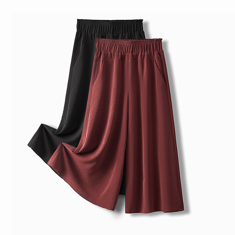 Elastic Waist Ice Silk Cropped Wide-Leg Pants for Women, Summer Thin New Style, Plus Size Women's Pants, Loose Drape Straight-Leg Pants for Plus-Size Women
