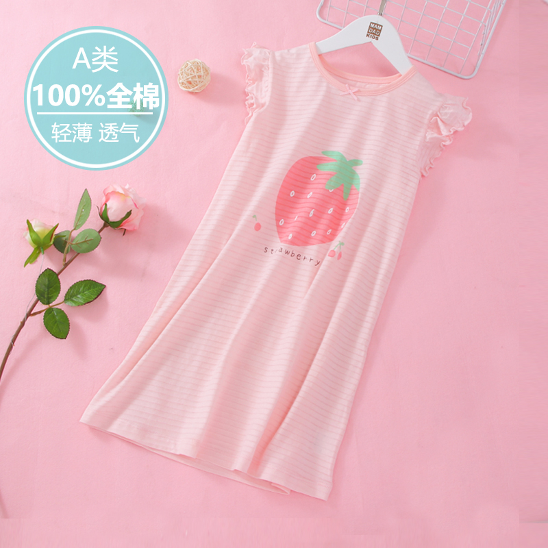 Girl Sleepskirt Xia pure cotton ultra-thin children bamboo cotton strawberry pajamas baby dress girl short sleeve dress