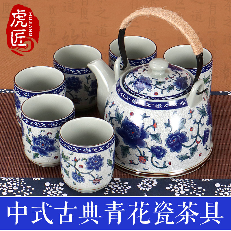 Tiger artisan Jingdezhen ceramic teapot large number of green flower porcelain Tiliang jug home tea tea suit Chinese kettle tea set-Taobao
