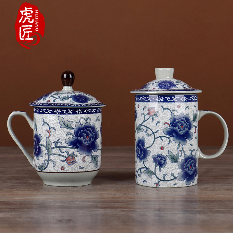 Tiger artisan Jingdezhen Qinghua Porcelain Tea Cup ceramic with lid cup Home retro with the office Cup Chinese Conference Cup