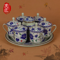 Tiger craftsman Jingdezhen ceramic cup household Cup with lid retro Chinese style blue and white porcelain with handle tea cup set