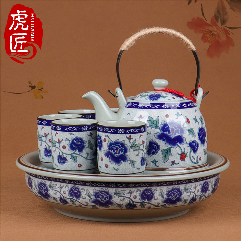 Tiger artisan Jingdezhen Ceramic tea set suit Home Living room The whole set of Chinese Qinghua Porcelain Retro Tea Teapot Big-Taobao