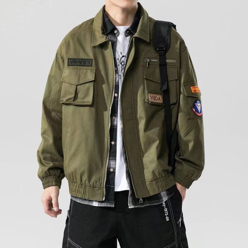 American-Style Solid Color Jacket for Men, Large Size, Spring and Autumn Vintage Baseball Uniform, Us Military M65 Pilot M51 Work Jacket